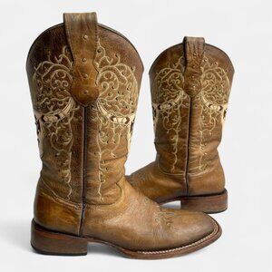 Rockem Leather Studded Square Toe Western Cowboy Cowgirl Boots Women's 6.5 B